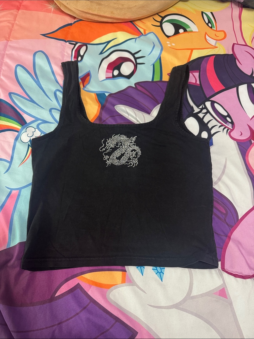 Black Tank Top with Dragon Rhinestone Design